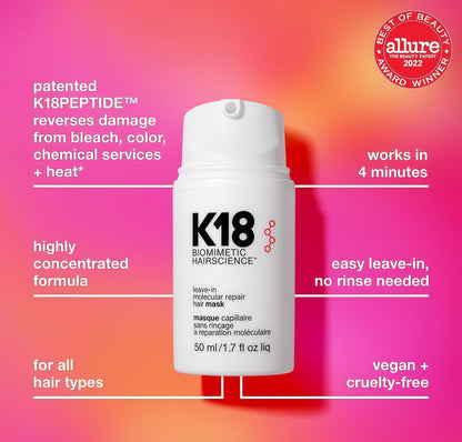K18 Leave-In Molecular Repair Hair Mask, Patented, Lasting Repair For Dry, Frizzy, Damaged Hair, Reverse Damage In 4 Minutes From Bleach, Color, Chemical Services + Heat-Full Size - 50mL